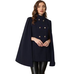 Cape Coats Winter Slit Sleeve Double Breasted Cloak Coat Dark Blue
